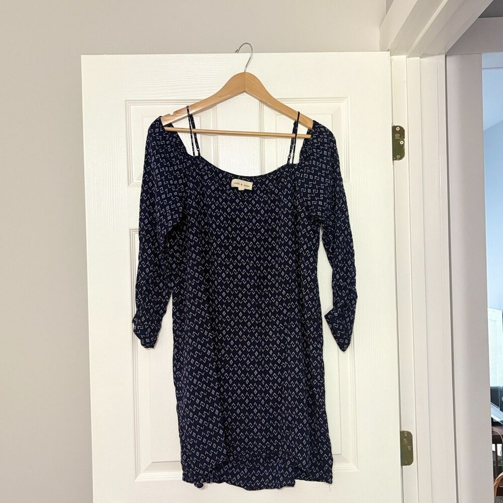 Cloth & Stone Dress Women L Navy Blue Print Mini Shift Cold Shoulder Long Sleeve